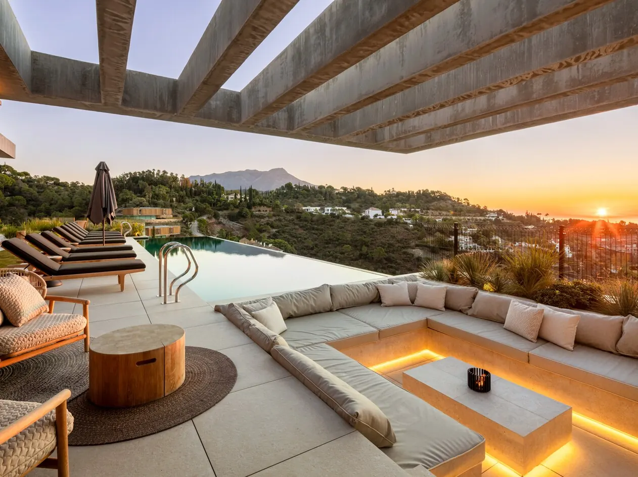 Terrace overlooking the hills at sunset