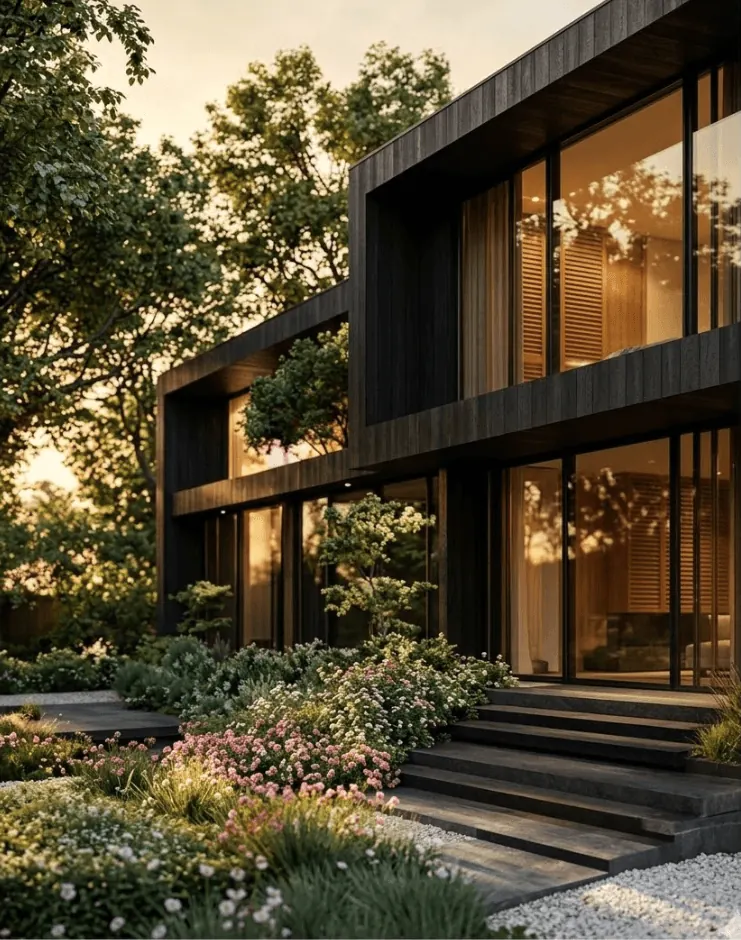 Contemporary residential development at dusk